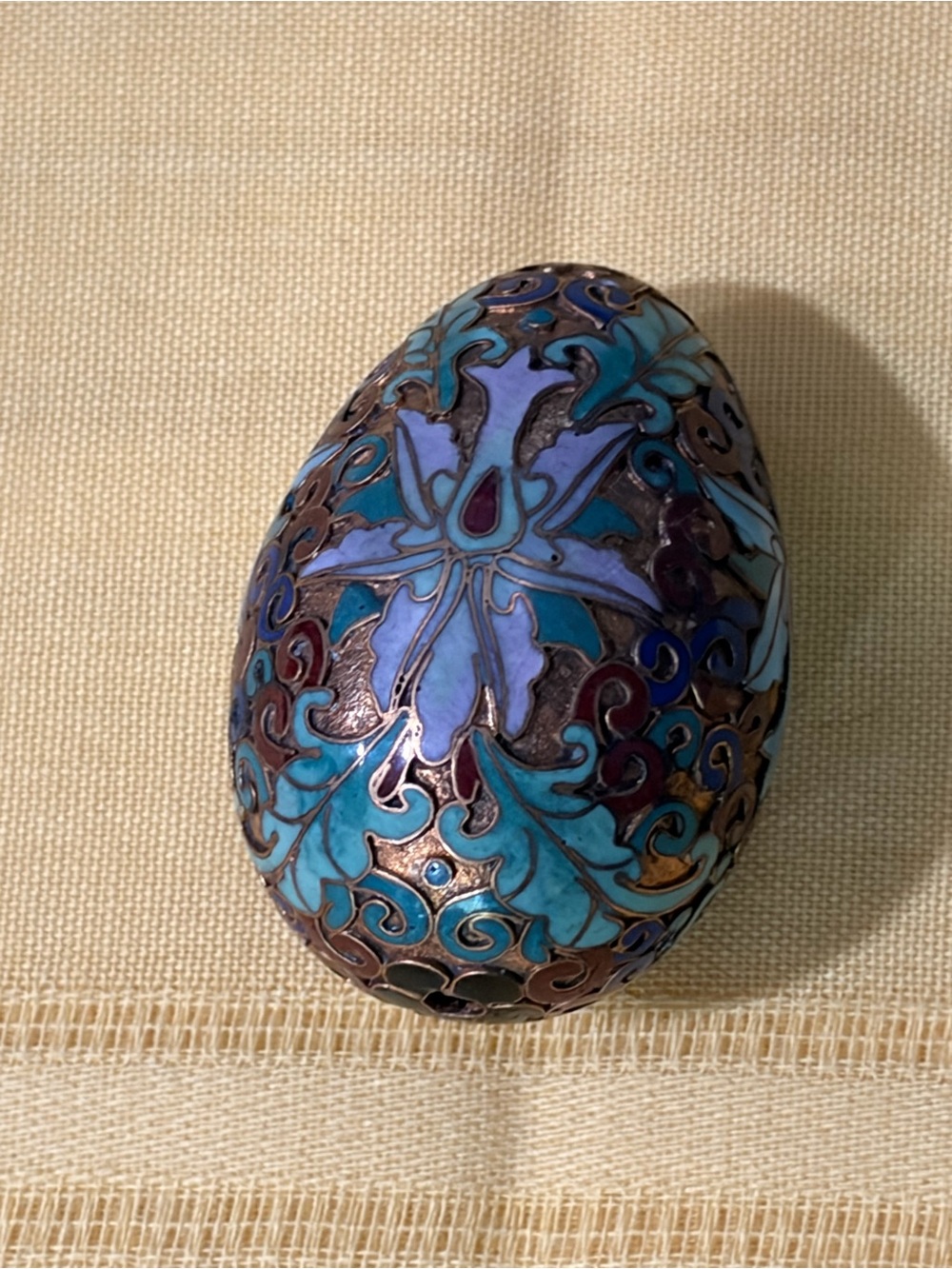 Cloisonné Brass Decorative Egg Jewel Tone Floral Motif